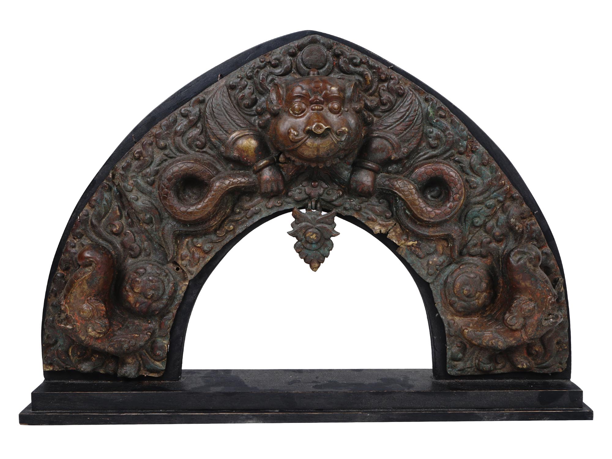 ANTIQUE NEPALESE PATINATED EMBOSSED BRASS TORANA PIC-1